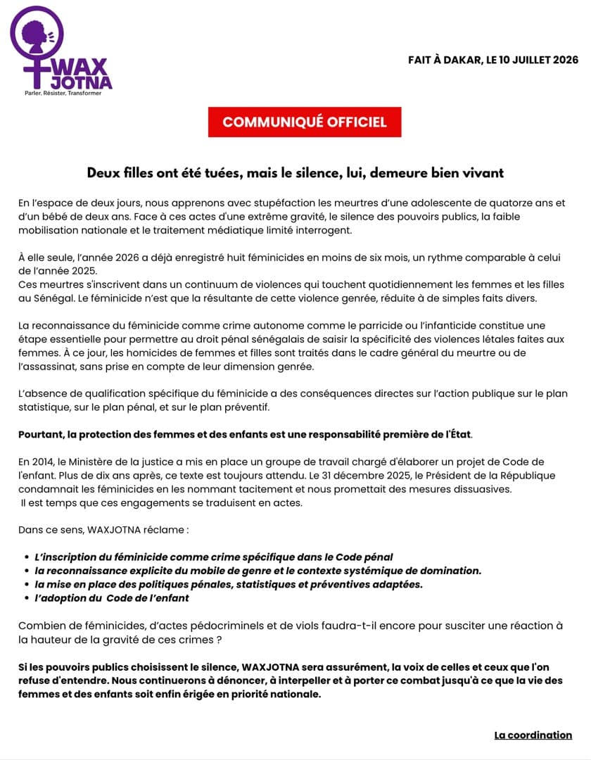 Communiqué officiel Wax Jotna — Deux filles ont été tuées, mais le silence, lui, demeure bien vivant